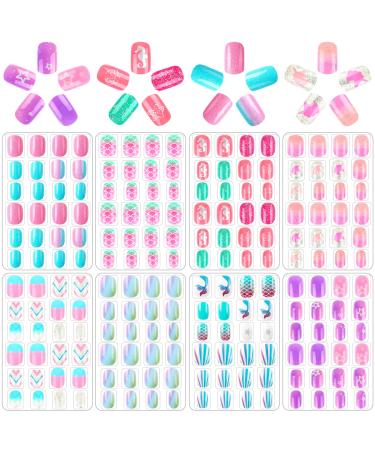 192Pcs Fake Press on Nails for Kids Pre-glue Full Cover Short False Nail Tips Stick on Nails for Kids Children Lovely Gift Girls Nail Art Decoration Bright Gradient
