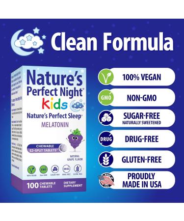 Nature's Perfect Night Kids | Kids Melatonin 1mg | 100 Chewable Tablets | Natural Grape Flavor | Sugar Free | Vegan | Gluten Free | Drug Free | Value Size - Buy Online on GoSupps.com