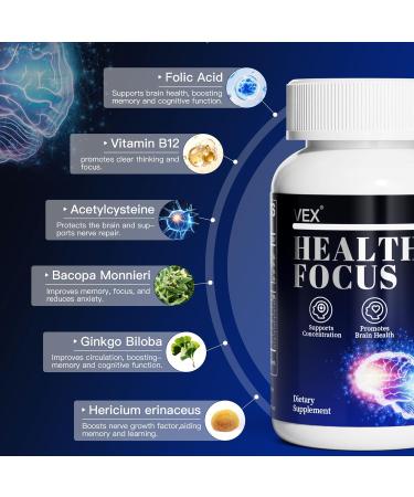 VEX Brain Supplements for Memory and Focus Contain Vitamin B12 folic Acid acetylcysteine Purslane Lion's Mane Mushroom and Ginkgo biloba extracts for Brain Health 60 Capsules - Buy Online on GoSupps.com