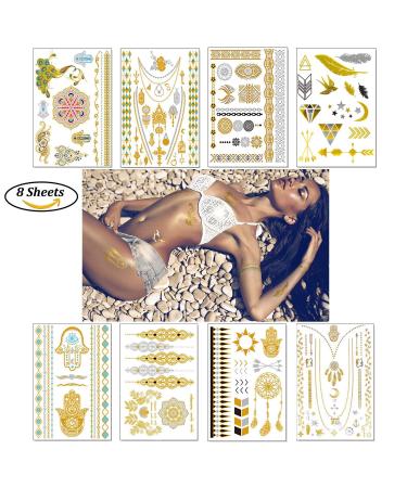 Boho Metallic Temporary Tattoos for Women - 80+ Gold & Silver Shimmer Designs | Waterproof Fake Tattoo Stickers for Henna Body Art (8 Sheets) - Buy Online on GoSupps.com