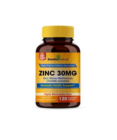 Sandhu Herbals Zinc Supplements Zinc 30mg Immune Support Zinc Mono methionine Supplements 120 Capsules