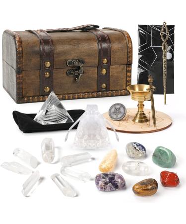 Soulnioi Healing Crystals Stones Set with Box: 7 Chakra Tumble Stones 7 White Crystal Wands Tarot Cloth Pyramid Energy Generator White Crystal for Biginners Meditation Spiritual Healing (24pcs) A-white Crystal