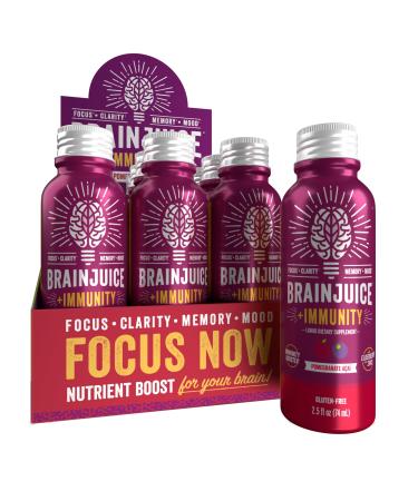 BrainJuice Brain and Immune Support Shot Gluten Free Supplement Shots for Energy Focus Immunity with Vitamin D C B Alpha GPC & Organic Ginger Root Pomegranate Acai 2.5 fl oz 12 Pack