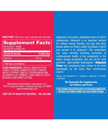 Anabolic Laboratories Coenzyme Q10 Ubiquinol Supplement - 60 mg - 60 Vegetarian Softgels for Enhanced Cellular Energy Production - Buy CoQ10 Online - Buy Online on GoSupps.com