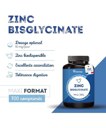 Zinc Bisglycinate 700 tablets - Acne Skin Hair Immunity - Contains 46 mg of Zinc Bisglycinate (including 15mg Zinc Element) - Without Digestive Discomfort - Vegan - Made in France - Vitavea - Buy Online on GoSupps.com