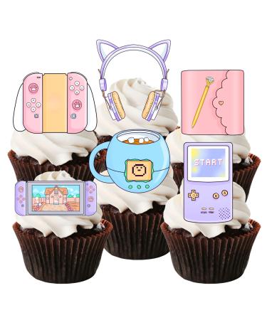 Gaming Cupcake Toppers Edible Gamer Girl Cake Decorations #2 Edible Video Game Party Decorations Pink Gaming Controller Cake Toppers Cute Game Console Cupcake Toppers Purple Switch (Precut 24) 24 Precut