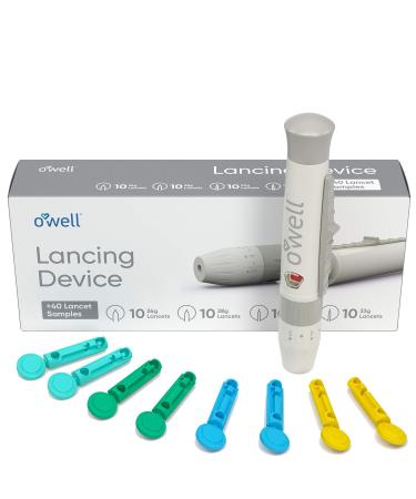 O Well Painless Design Lancing Device + 40 Twist Top Lancets for Blood Glucose & Keto Testing | Lancing Kit Includes: 1 Adjustable Lancing Device + 10 of 26g, 28g, 30g & 33g Lancets (40 Lancets)