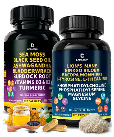 LetaGreen Sea Moss and Lion s Mane Bundle Wild Sea Moss Capsules and Lions Mane Supplement Capsules Mind Balance & Daily Wellness 240 Count Plant-Based Supplement