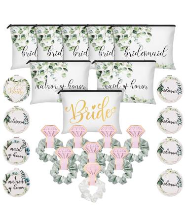 24 Pieces Bride Bridesmaid Proposal Gifts Wedding Makeup Bag Gift Set Includes 8 Canvas Makeup Bags Matron of Honor Bag 8 Satin Hair Scrunchies 8 Compact Makeup Mirrors Bridal Shower (Green Leaves)