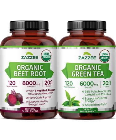 Zazzee Herbal Antioxidant Fitness Support Bundle | 20:1 Organic Green Tea and Beet Root Extract Capsules | Non-GMO Vegan & ISO Lab Tested (120 Servings Each)