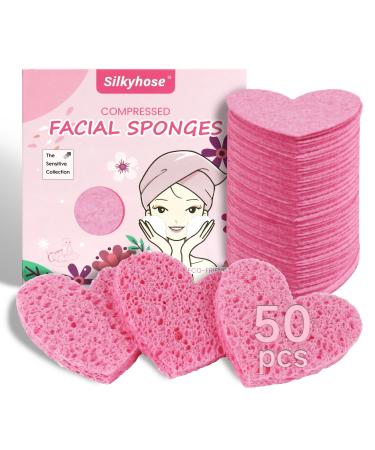 Women 50-Count Compressed Cellulose Heart Shape Face Facial Sponges 100% Natural Cosmetic Sponges for Facial Cleansing Exfoliating Mask Skin Massage ((Pink)50 Count)