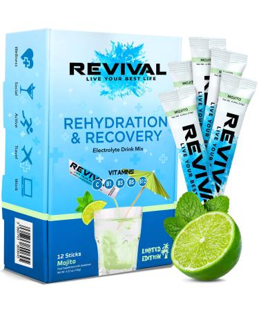 Revival Rapid Rehydration Electrolytes Powder - High Strength Vitamin C B1 B3 B5 B12 Supplement Sachet Drink Effervescent Electrolyte Hydration Tablets - 12 Pack Mojito 12 Servings (Pack of 1) Mojito