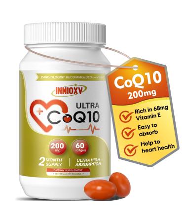 CoQ10 200mg Softgels Vitamin E for Heart Health Powerful Antioxidant Supplement for Vascular Health Energy Production High Absorption Vitamin CoQ10 Nutritional Supplements 60 Softgels 60 Count (Pack of 1)