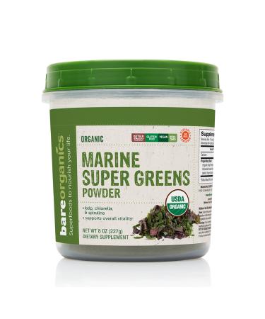BareOrganics Marine Super Greens Powder | USDA Organic, Gluten-Free, Vegan, Non-GMO, BPA-Free | Kelp, Chlorella, Spirulina, 8oz MARINE GREENS BLEND POWDER