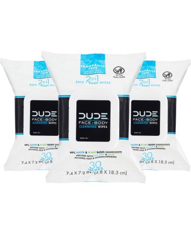 DUDE Wipes Face and Body Wipes - 3 Pack, 90 Wipes - Unscented Wipes with Sea Salt & Aloe - 2-in-1 Body & Face Wipes - Alcohol Free and Hypoallergenic Cleansing Wipes Unscented  30 Count (Pack of 3)