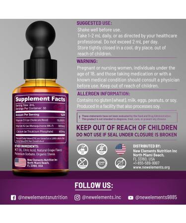  2 Liquid Vitamin D3 K2 Drops with Calcium for Adults | Vitamin D3 10 000 IU | D3 K2 with Calcium for Bone Health & Immunity Support | Joint Health Supplement | Non-GMO | Vegan - Buy Online on GoSupps.com