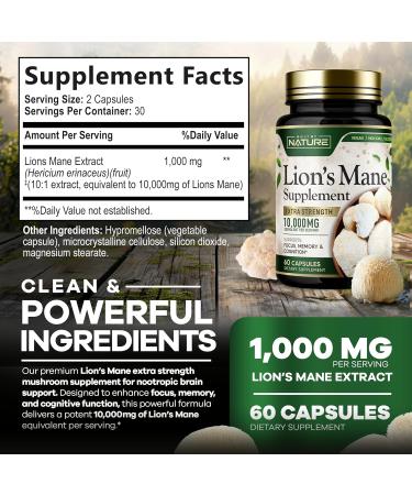 Built by Nature Lion s Mane 10 000mg Extra Strength Mushroom Supplement for Nootropic Brain Support Focus Memory and Cognitive Function Non-GMO Gluten-Free Vegan - 60 Capsules - Buy Online on GoSupps.com