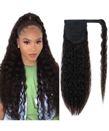 Elailite Human Hair Ponytail Extension Afro For Black Women 100% Real Remy Hair Corn Wave Wavy - Wrap Around With Clip (#1B Natural Black 22 Inch) 22 Inch #1B Natural Black