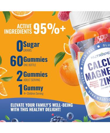 NutraPep Calcium Magnesium Zinc Supplement Gummies - with Vitamin D3 K2 Magnesium Glycinate - Orange Berry Flavored Vegan Sugar-Free Gluten Free Chewable for Men Women Kids - Buy Online on GoSupps.com