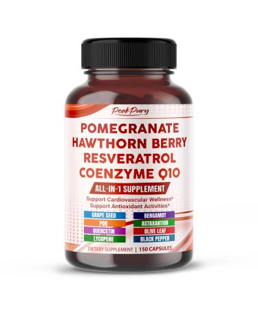 Ultra Pomegranate Hawthorn Resveratrol & CoQ10 All-in-1 Supplement for Heart Wellness Antioxidant & Cellular Support 150 Capsules 150 count (pack of 1)