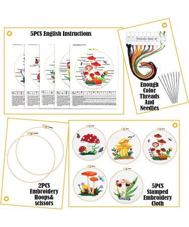 Embroidery Starter Kit: Mushroom Cross Stitch Set for Beginners - 5 Sets with Patterns, Instructions, Hoops, Needles & Threads - Buy Online on GoSupps.com