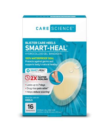 Care Science Fast Healing Hydrocolloid Gel Bandages for Heels 1.3 in x 2.1 in 16 Count | Blister Prevention 100% Waterproof Seal Promotes Up to 2X Faster Healing for Wound Care or Blisters