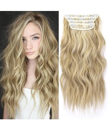 Blonde Hair Extensions Long Wavy 20inch 4pcs Clip in Synthetic Hair Extensions for Women Double Weft.(Ombre Ash Brown to Bleach Blonde) 8ah613#