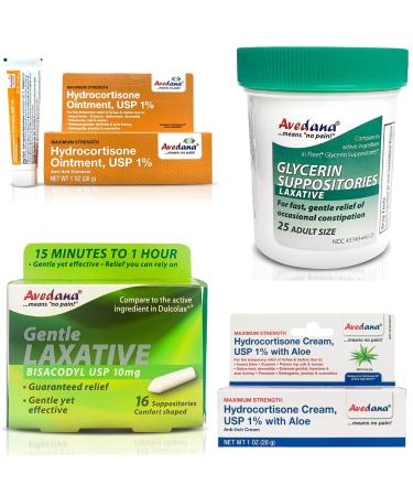 AVEDANA Relief Essentials Bundle - Glycerin and Bisacodyl Laxative Suppositories Hydrocortisone Ointment and Itch and Rash Cream - Complete Skin Care and Constipation Kit for Men and Women