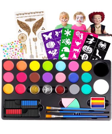 Face Paints for Children 20 Color Face Painting Kit with Hair Chalk Face Paint Stencils Brush Sponge Washable Face Paints Safe Body Paint for Halloween Makeup and Party Cosplay