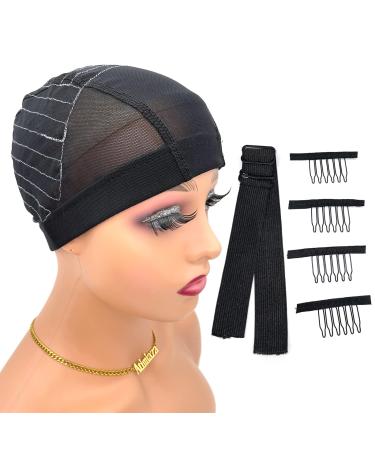 Wig Cap with Guideline Map for Wig Making, Stretchable Mesh Dome Caps with 1 Elastic Band and 4 Wig Combs for Beginners Sewing 13x4 Lace Front Wig (Medium, Black) Medium: 21"-22" 13*4 Frontal