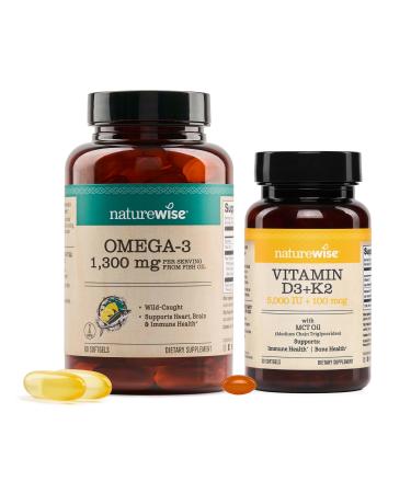 NatureWise 1 Ultra Omega 3 Fish Oil 2200 mg - TG Form - 60 Softgels 30-Day Supply + 1 Vegan Vitamin D3 5000IU + K2 - Organic Coconut MCT Oil - 30 Softgels 30-Day Supply