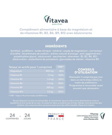 VITAVEA WELL-BEING - Magnesium - Vitamins B1. B2. B6. B9. B12 - Reduction of Fatigue - Relaxation and Relaxation - 24 Effervescent Tablets - Made in France - Buy Online on GoSupps.com