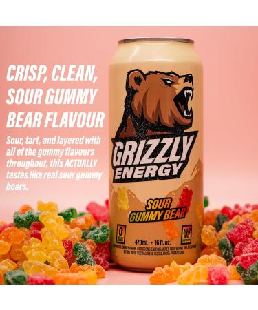 GRIZZLY Energy Drink Sour Gummy Bear Taurine B Vitamins & 160mg Caffeine - Energy Focus & Hydration Boost - 10 Calories Zero Sugar - No Artificial Taste Colours or Flavours - 16 fl oz (12 Pack Cans) - Buy Online on GoSupps.com
