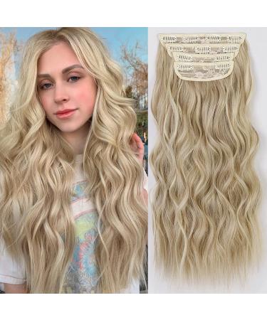 XIXIBI Clip in Long Wavy Hair Extension 20 Inch Ash Blonde Hair Extensions 4PCS Synthetic Clip in Hair Extensions Double Weft Thick Full Head Hairpieces for Women Girls