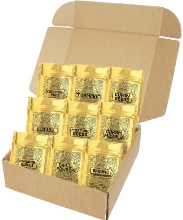 9 Authentic Golden Indian Spices Curry Luxury Set - 9 Spices for Cooking Gifts Resealable Bags Tandoori Turmeric Garam Masala Chilli Powder Indian Curries - Buy Online on GoSupps.com