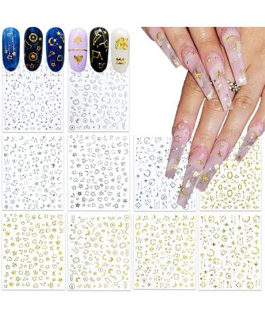 10 Sheets Moon and Star Nail Art Stickers Decals 3D Self-Adhesive Gold Silver Metallic Nail Decals Stars Moon Heart Nail Art Design Stickers for Acrylic Nails Supplies DIY Manicure Decoration Accessories for Women Girls ...