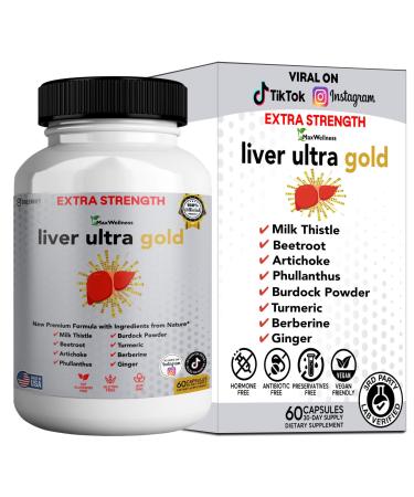 Liver Ultra Gold Extra Strength Supplement 60 Veggie Capsules Natural Liver Support with Milk Thistle Beetroot Artichoke 30 Day Supply (1)