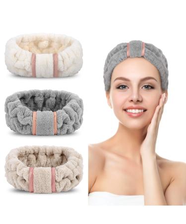 3 Pack Spa Headbands Microfiber Headbands SkinCare Headbands Face Wash Headband Face Washing Headband Facial Headband Makeup Headband Towel Headbands for Women for Washing Face(White, Gray, Khaki)