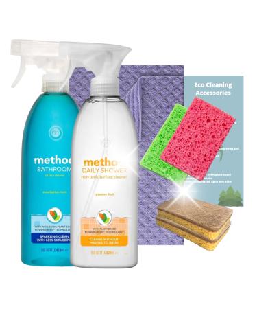 Eco Bathroom Cleaning Bundle With Method Bathroom Cleaner and Daily Shower Cleaner Swedish Dishcloth x 2 Biodegradable Scourer x 2 and Plastic Free Sponge x 2