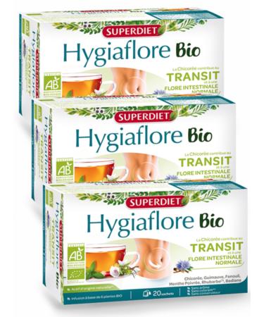 SUPERDIET – HYGIAFLORE TRANSIT INFUSION ORGANIC – Transit and intestinal flora – Peppermint taste – Phytotherapy – Made in France – Pack of 3 Boxes of 20 paper bags