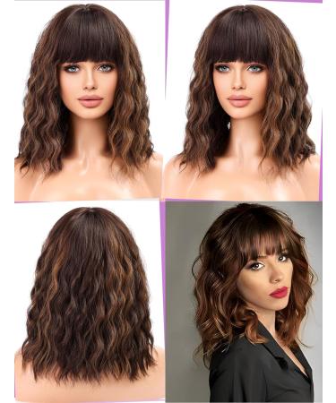 WOKESTAR Brown Curly Wavy Bob Wig with Neat Fringe and Highlights - Synthetic Wigs for Women - Buy Online on GoSupps.com