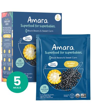 Amara Organic Baby Food - Stage 3 - Black Bean & Sweet Corn - Baby Cereal to Mix With Breastmilk, Water or Baby Formula - Shelf Stable Baby Food Pouches Made from Organic Veggies - 5 Pouches, 3.5oz Per Serving Bean and Sweet Corn - 5 Pouches