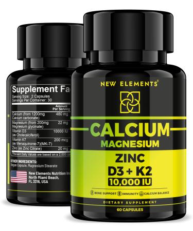 Calcium Supplements 1200mg for Women & Men with Vitamin D3 K2 + Magnesium Glycinate & Zinc | D3 10 000 IU | K2 200mcg | Magnesium 200mg | Zinc 20mg | Bone Muscle & Immune Support - Vegan - Non-GMO