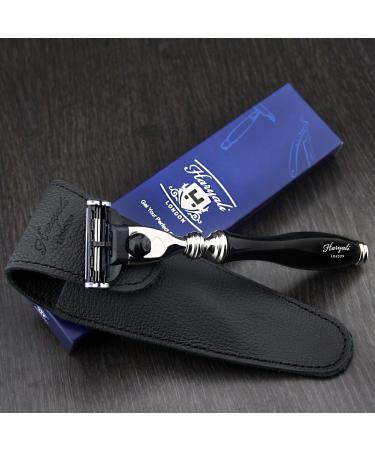 Men's Shaving Triple Edge Cartridge Compatible Razor in Black & Genuine Leather Protective Pouch | Men's Shaving & Grooming Gents Travel Essentials - Gift for Him