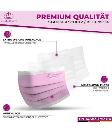 Charlemain 50x Pink Medical Face Masks - EN 14683 Type IIR BFE 99.9% 3-Layer Latex-Free Mouth-Nose Protection | International Shipping - Buy Online on GoSupps.com