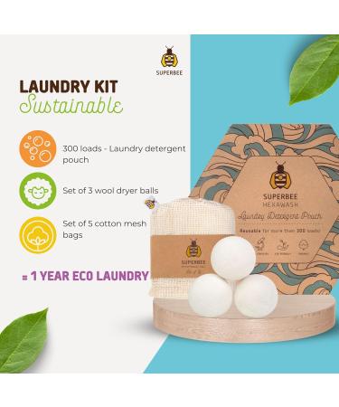 SuperBee Eco Laundry Kit - Chemical-Free Travel Set for Sensitive Skin | 300 Loads 3 Wool Dryer Balls & Cotton Mesh Bags - Buy Online on GoSupps.com