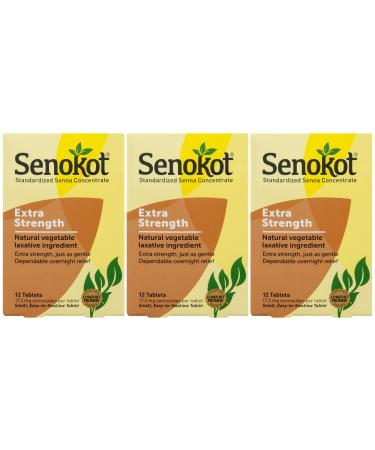 Senokot Extra Strength 12 Count (3 Pack) Natural Vegetable Laxative Ingredient for Gentle Dependable Overnight Relief of Occasional Constipation 36 Count Total