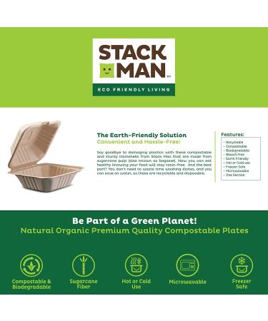 Stack Man 6x6 Compostable Clamshell Food Containers 50-Pack - Eco-Friendly Biodegradable Bagasse, Natural Disposable Take Out Containers - Heavy-Duty Quality To Go Containers - Buy Online on GoSupps.com