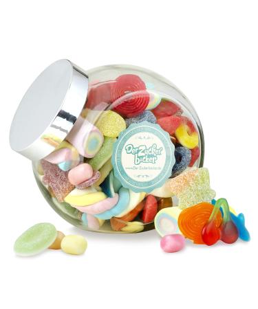 Great joy - pretty filled slanted neck glass with colorful candy mix