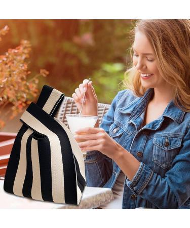 Generically Striped Wrist Bag - Knitted Top Handbag | Simple Style Shopping Bag | Striped Crochet Hobo & Bucket Pocket | Beige Knitted Tote - Buy Online on GoSupps.com